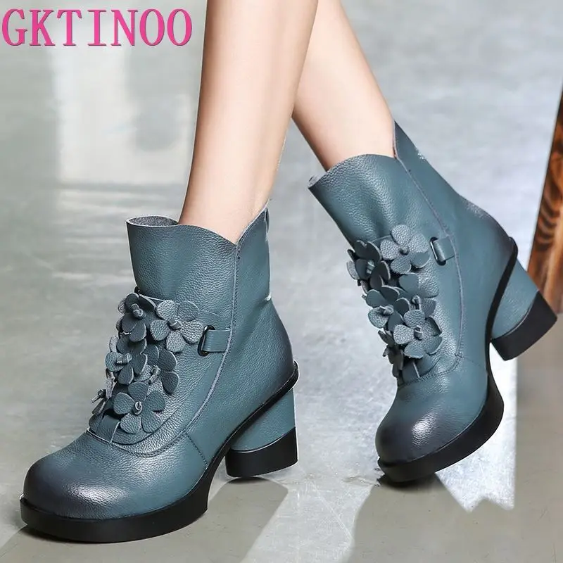 GKTINOO Autumn Winter Fashion Genuine Leather Shoes Women\'s Boots Casual Women Thick High Heels Handmade Woman Ankle Boots