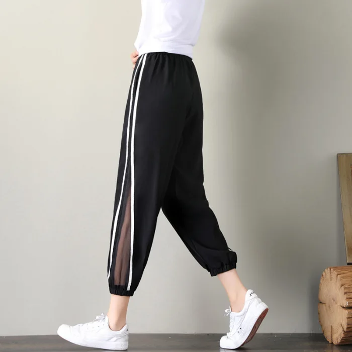 Black Joggers Side Striped Women's Harem Pants High Waist Lace cutout Summer Trousers For Women 2020 Casual Loose Sweatpants 5XL