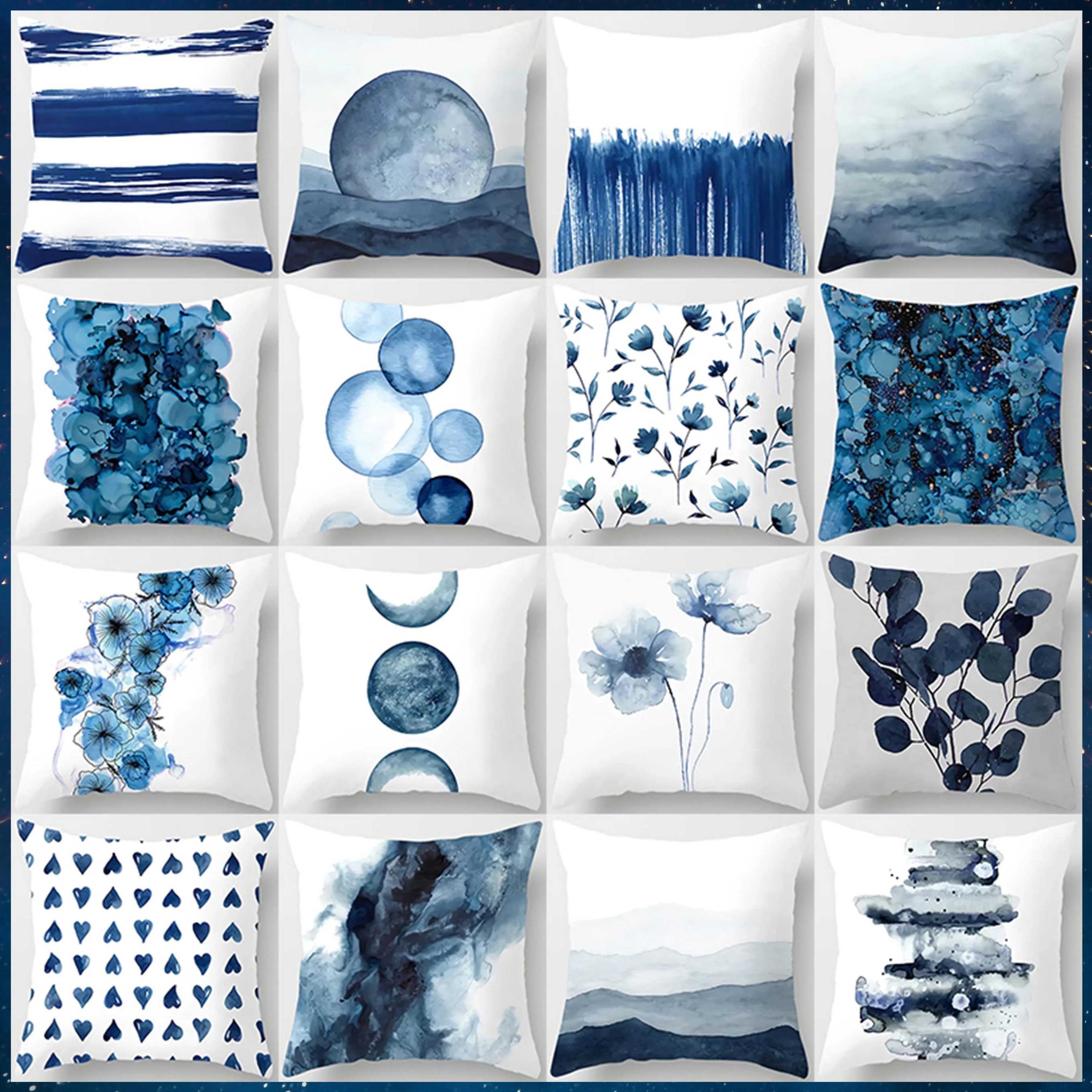 Blue Tone Style Printed Square Pillowcase, Home Decoration, Car Sofa Cushion Cover 40x40cm