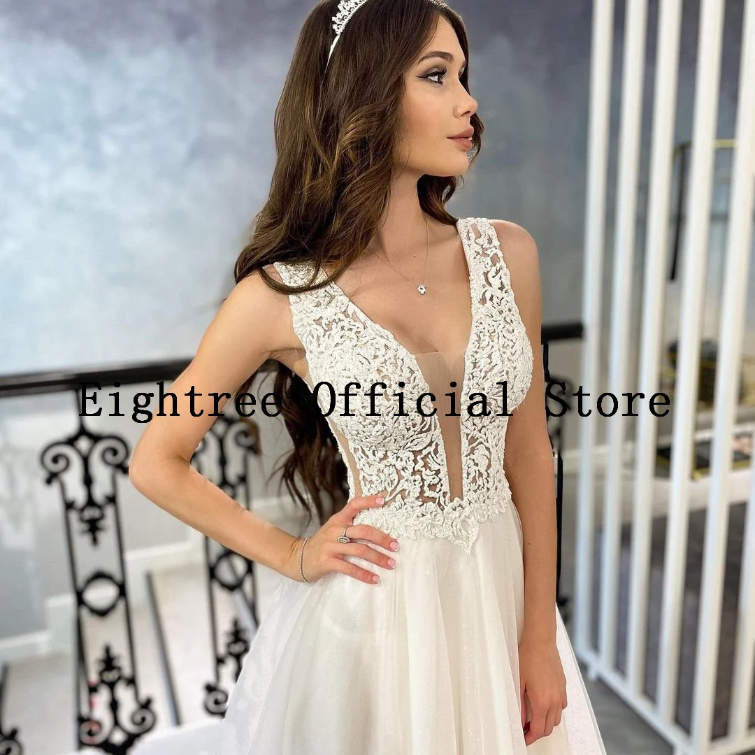 Eightree vestidos de casamento sexy branco com decote em v vestido de noiva de renda apliques a line sem mangas elegantes vestidos de noite de casamento plus size