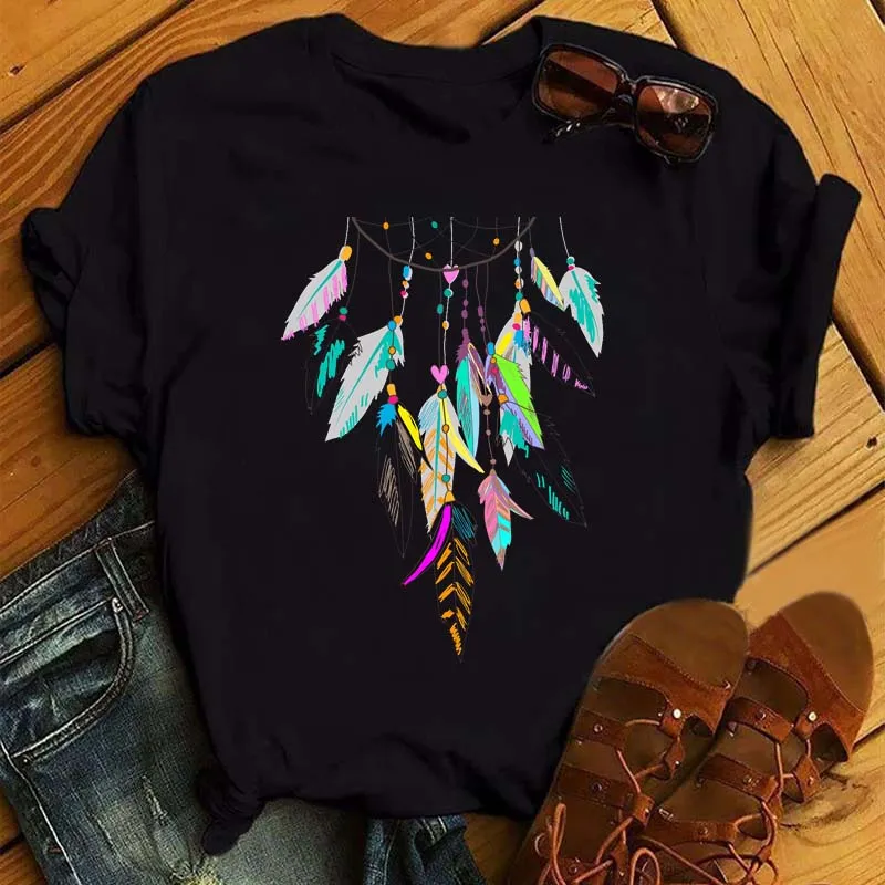 Maycaur Women Summer Short Sleeve Dreamcatcher Feather Fashion Print Lady T-shirts Top T Shirt Ladies Womens Graphic Tee T-Shirt