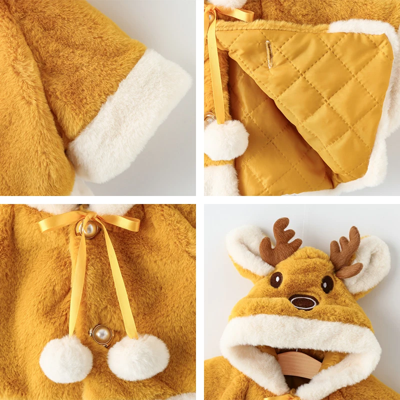 Cute Elk Plush Baby Jacket 2023 Autumn Winter Baby Girls Coat Warm Hooded Outwear Christmas Princess Cloak Toddler Girl Clothes