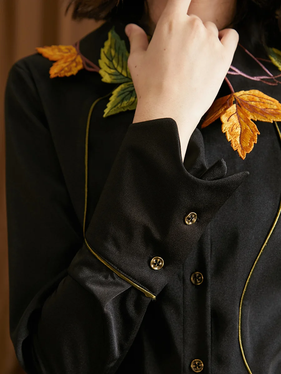 Leaf Berry Shaped Embroidered Shirt for Women, Original Design, Spring and Autumn