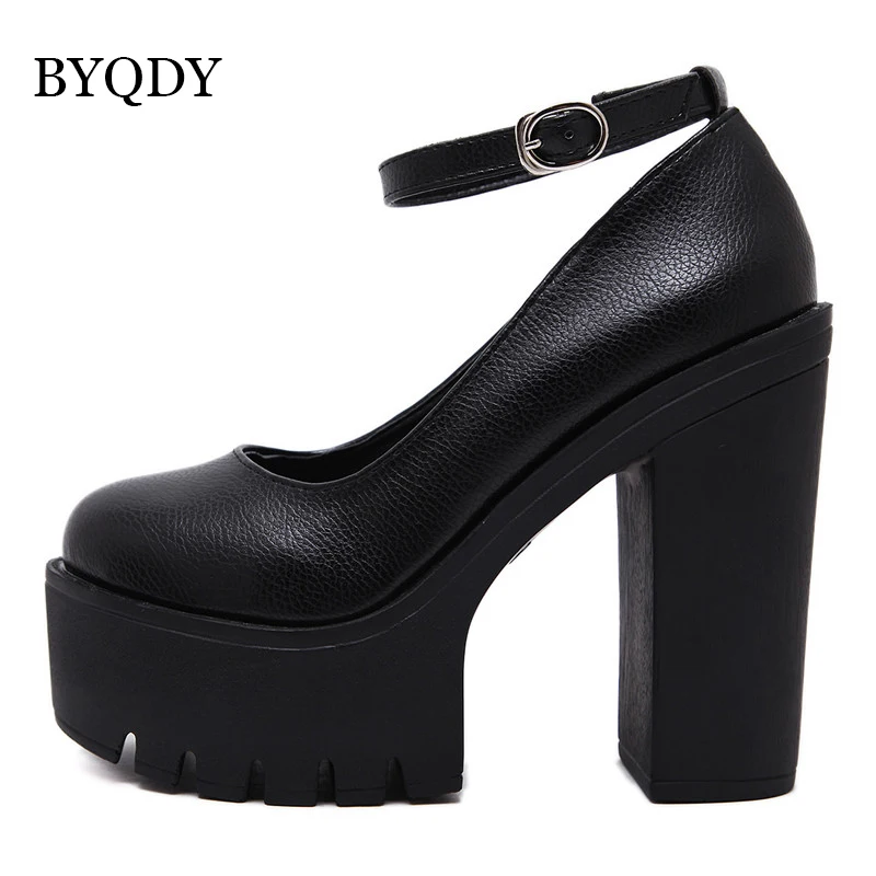 BYQDY Ankle Strap Woman Pumps Chunky Heels Platform Round Toe Ladies Shoes Plus 42 Party Office Pumps Block Heels Spring New
