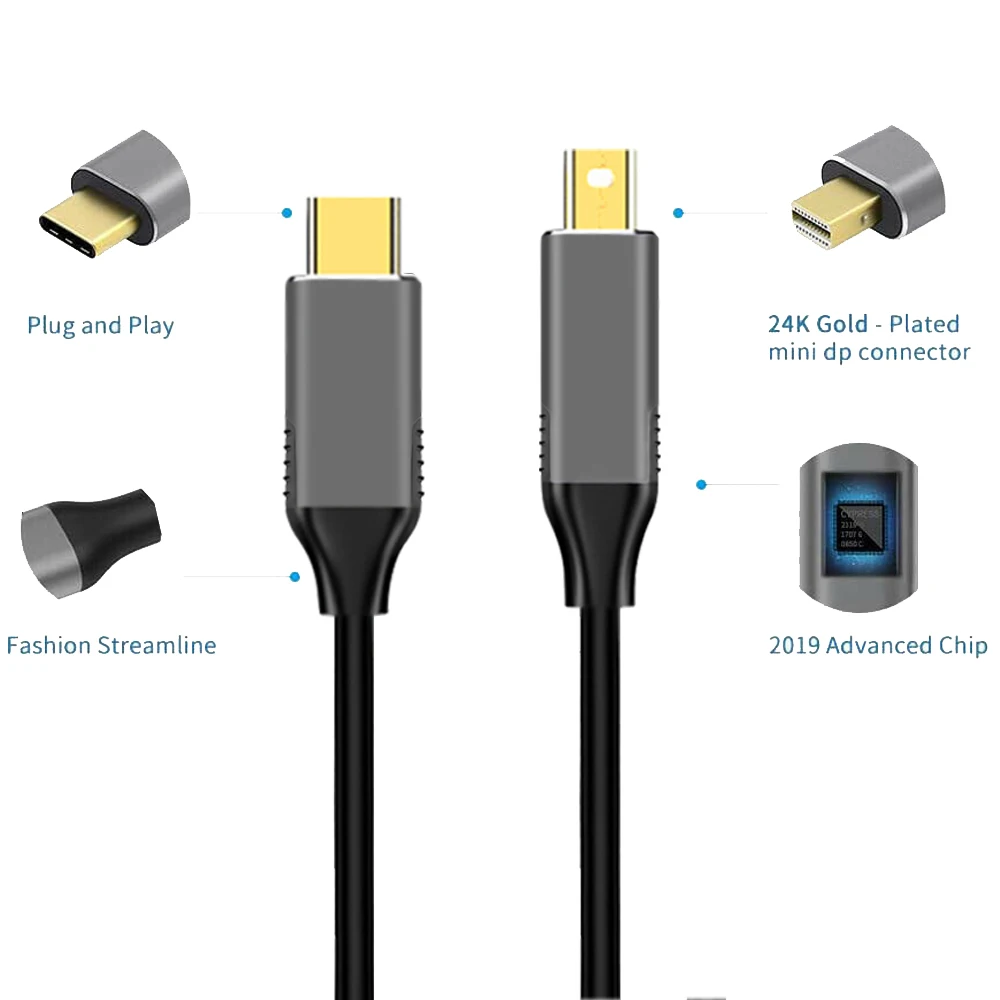 Chenyang USB 3.1 Type C USB-C Source to Mini DisplayPort DP Displays Male 4K Monitor Cable for Laptop 1.8m