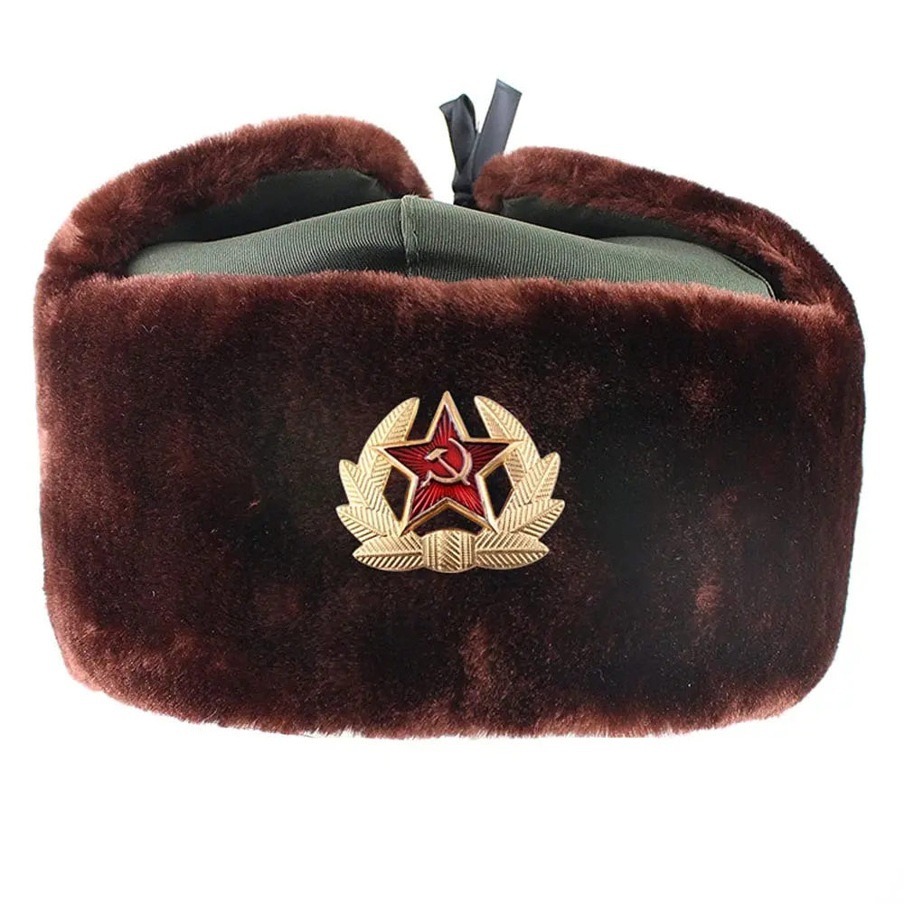 Winter Faux Rabbit Fur Earflap Men Snow Hat Soviet Army Military Badge Ushanka Bomber Hats