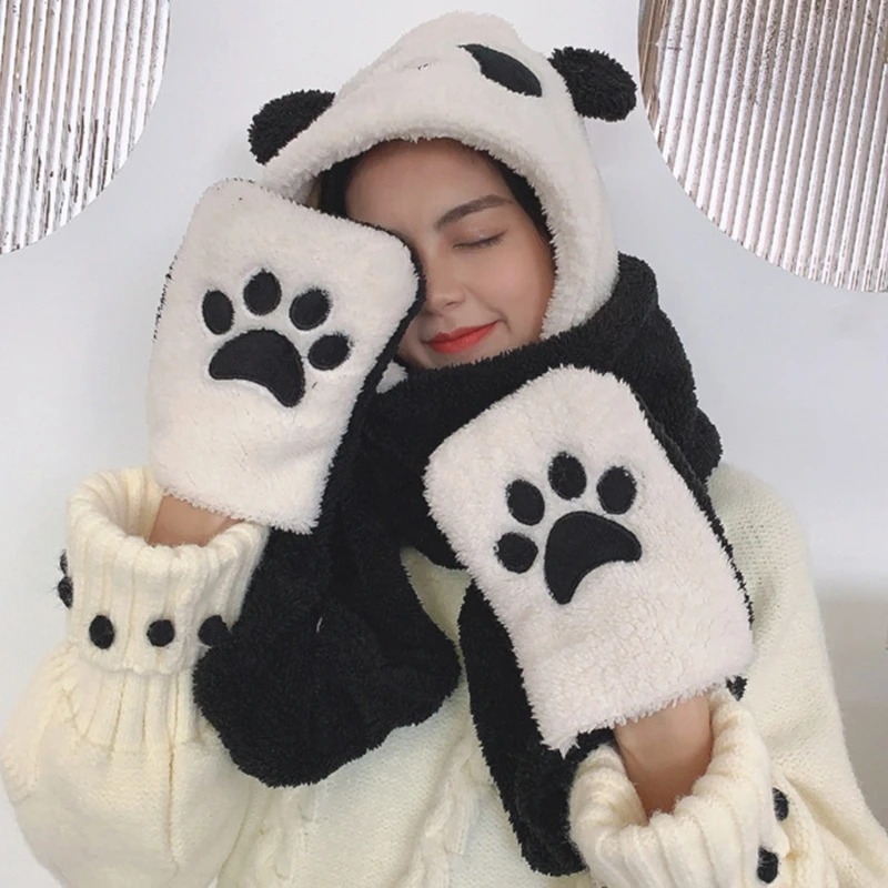 Cute Panda Hat Scarf Gloves 3-piece Set Plush Fluffy Cartoon Hat Women Winter Animal Paws Windproof Hoodie Cap Scarf Mitten