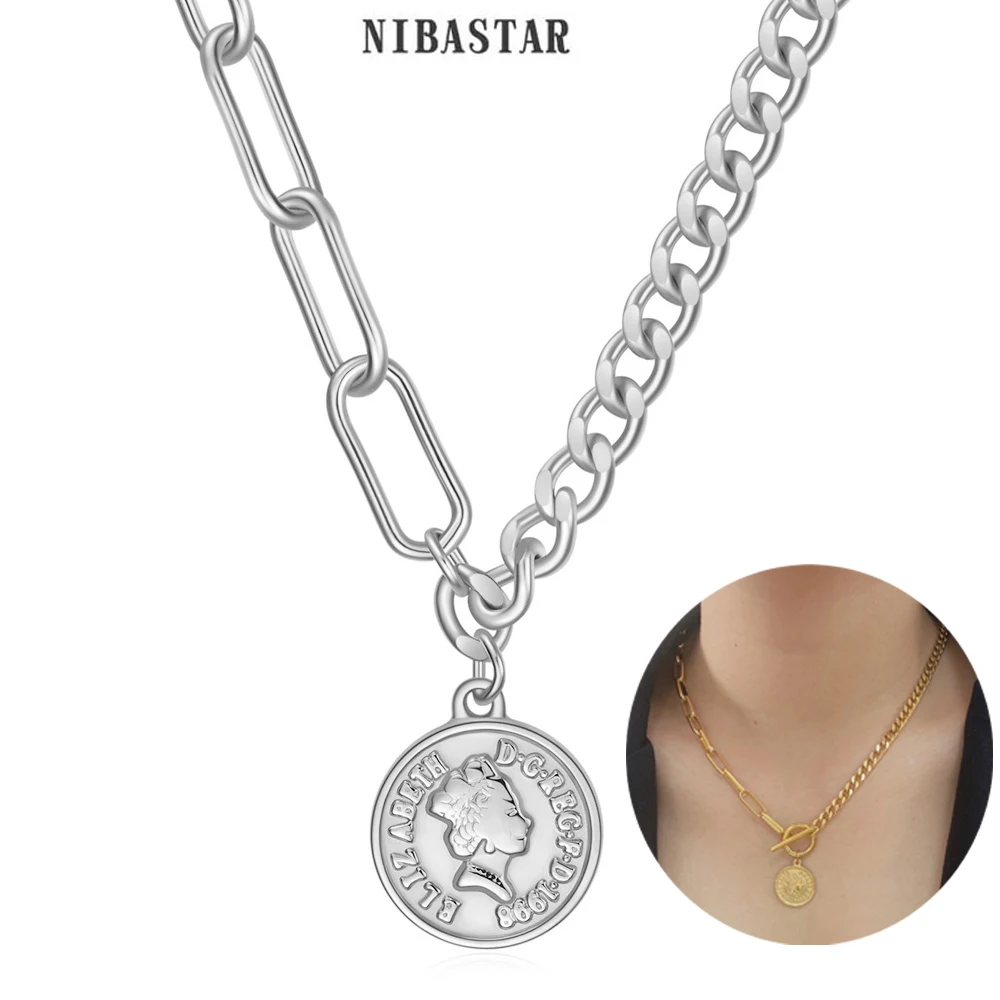 NIBASTAR Portrait Coin Pendant Necklace For Women Stainless Steel Punk Geometric Paperclip Chain Choker Fashion Jewelry