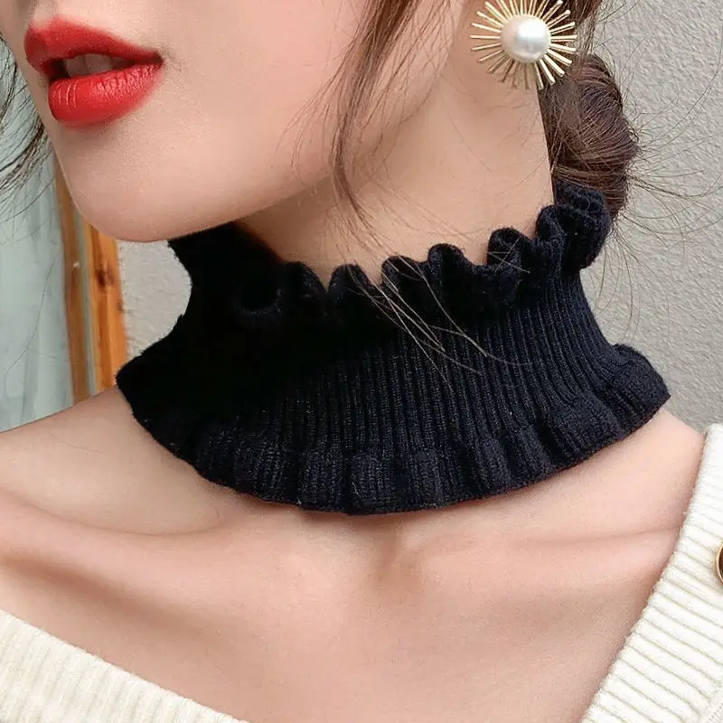 Korean Solid Color Elastic Wool Knit Fake Collar Pullover Lace Ruffle Headband Bracer Women Winter Neck Guard Warm Scarf Q37