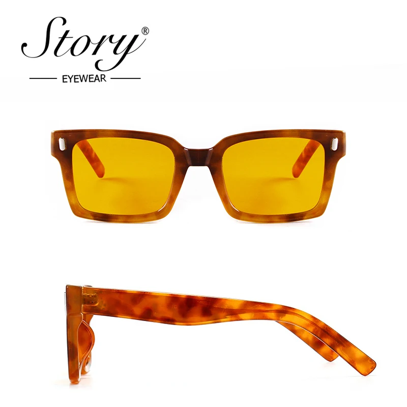 STORY 2021 Vintage Rivet Leopard Rectangle Sunglasses Women Men Brand Design Trendy Retro Chunky Square Sun Glasses S86388F