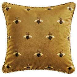 DUNXDECO Luxury Cushion Decorative Pillow Cover For Sofa Art Gold Yellow Bee Print Velvet Soft Living Room Home Decoration