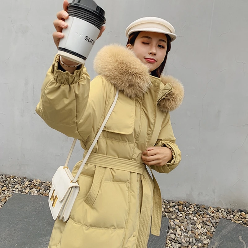 Winter Big Fur Hood Puffer Jacket Knee Length Slim White Duck Down Padded Overcoat With Belt Office Lady Down Parkas JK-884