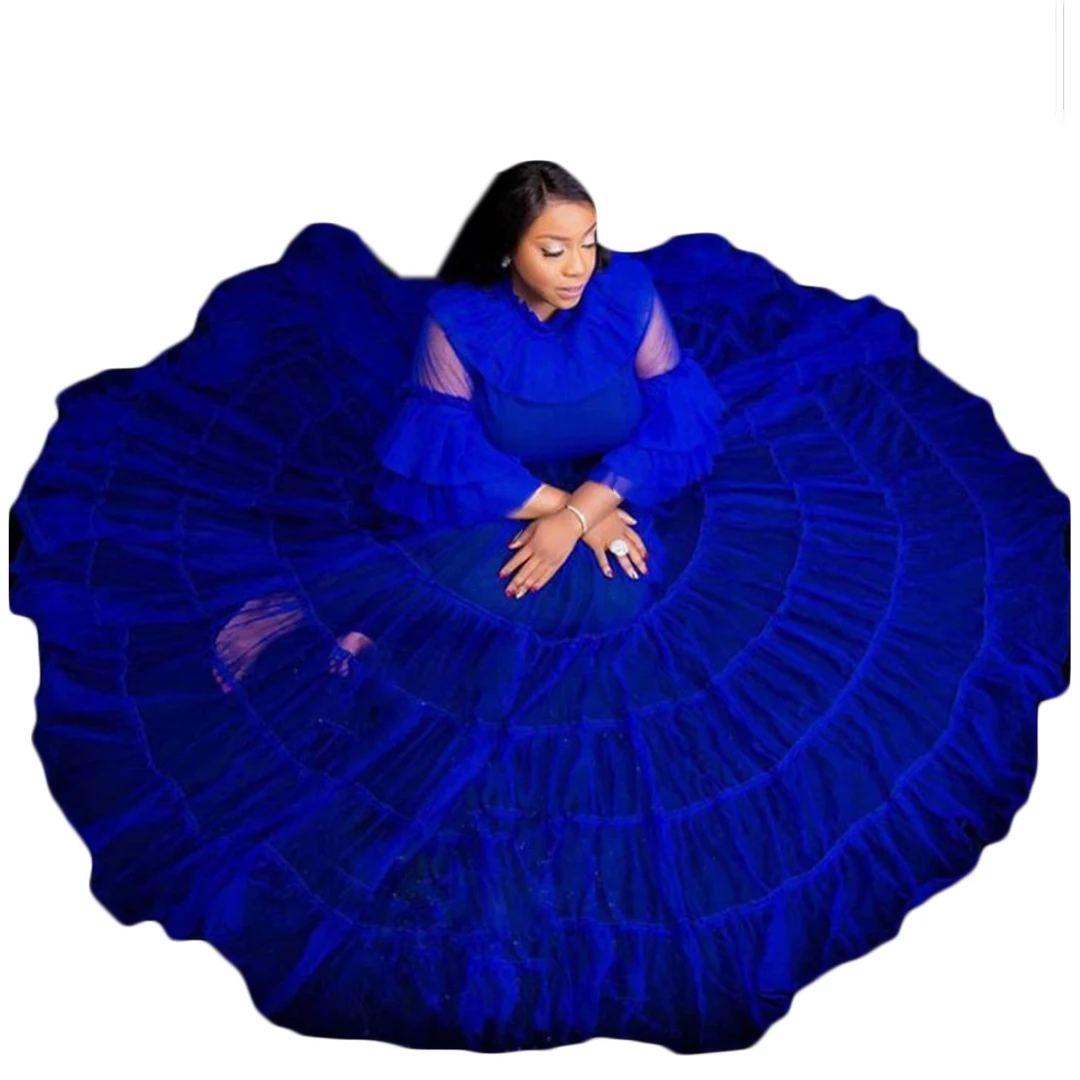 

Royal Blue Ball Gown Evening Dresses Robes for Photo Shoot Baby Shower Sexy Ruffle Women Dress Photography Robe Real Images