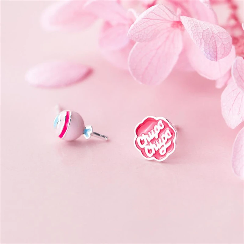 Sweet Cute Asymmetrical Candy Lollipop Fresh Art Silver Color Female Stud Earrings For Women Girl Luxury Jewelry Party Gift