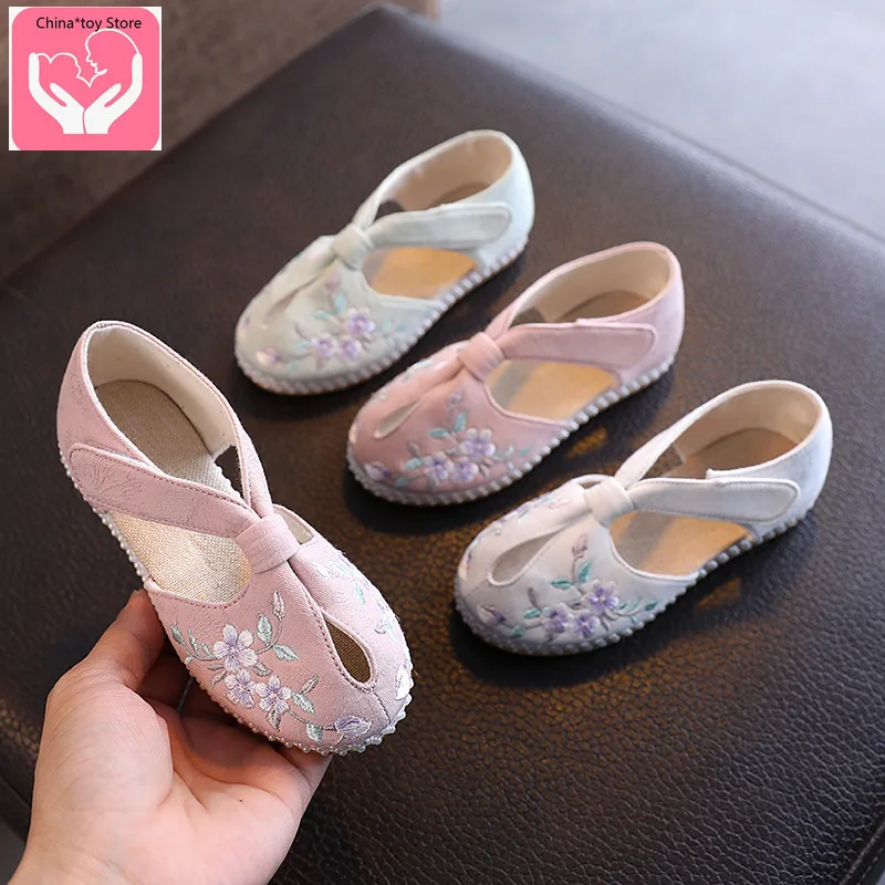 

Hanfu Girls Summer Fish Mouth Embroidery Shoes Pearl Beef Tendon Bottom Retro Embroidery Ethnic Style Children's Shoes