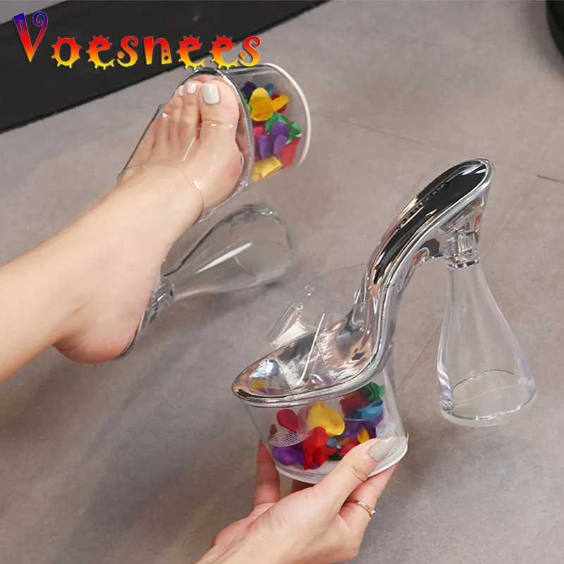 

Summer Women 17.5CM Super High Heel Slippers Fashion Sexy Transparent PVC Petal Platform Sandals Party Female Round Heel Shoes