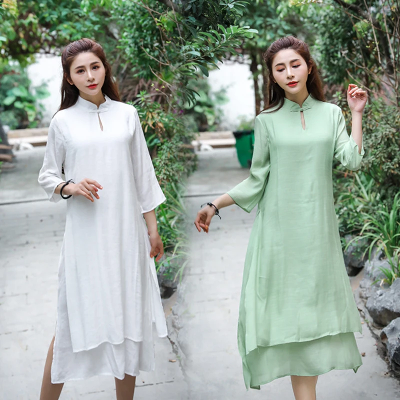 

Women Dress Chinese Traditional Costumes Qipao Cheongsam Elegant Summer Loose Skirts Hollow Out Cotton Linen Casual Streetwear