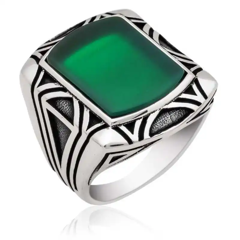 Silver Green Agate Stone Men 'S Ring