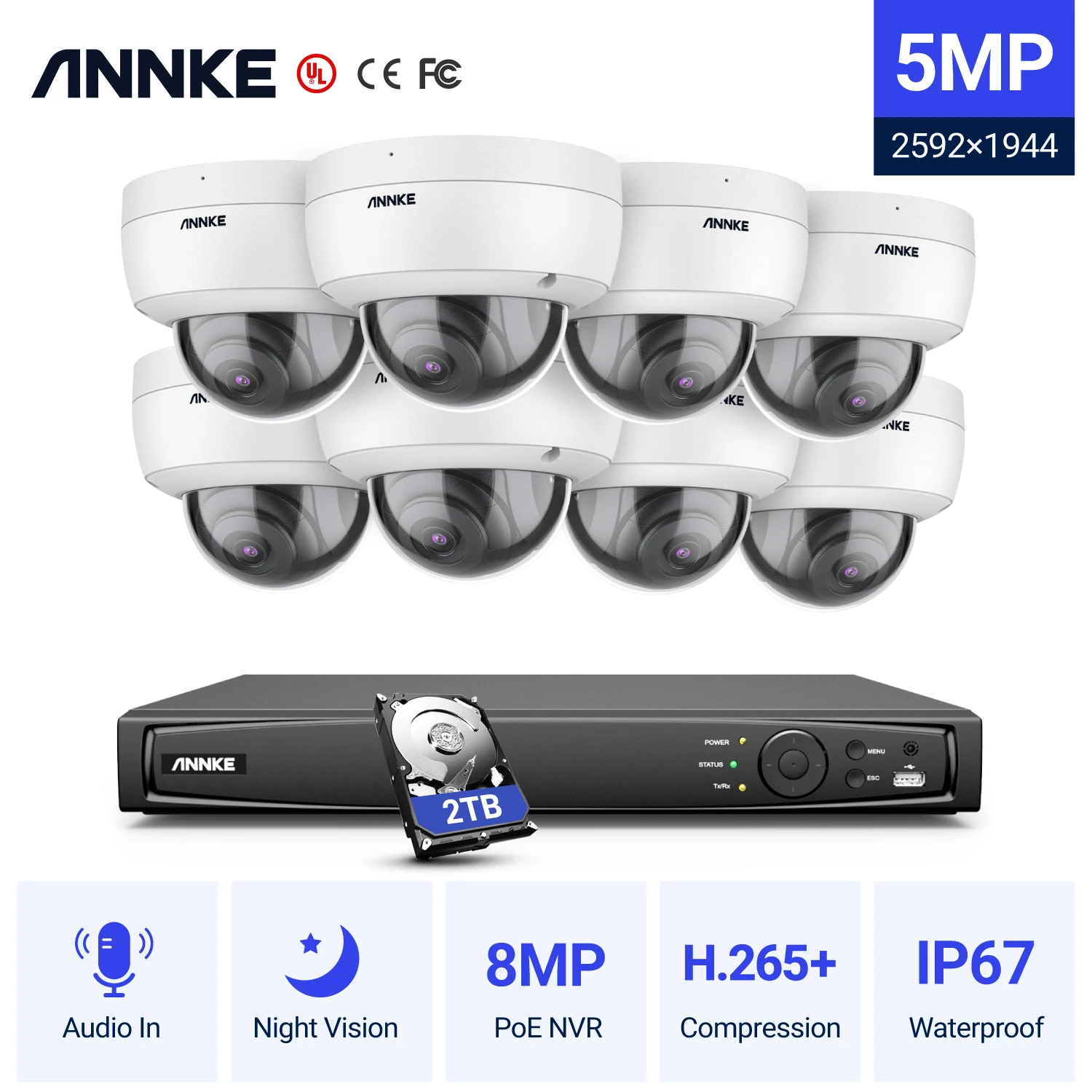 ANNKE H500 16CH 6MP NVR PoE IP Camera Security System 8pcs 5MP Night Vision IP67 Waterproof Outdoor Indoor CCTV Surveillance Kit