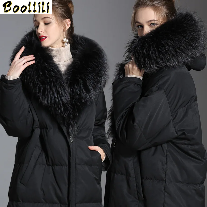 

Women's Down Boollili Jacket Hooded Winter Coat Puffer 90% White Duck Down Jackets Korean Thick Coats Raccoon Fur Collar