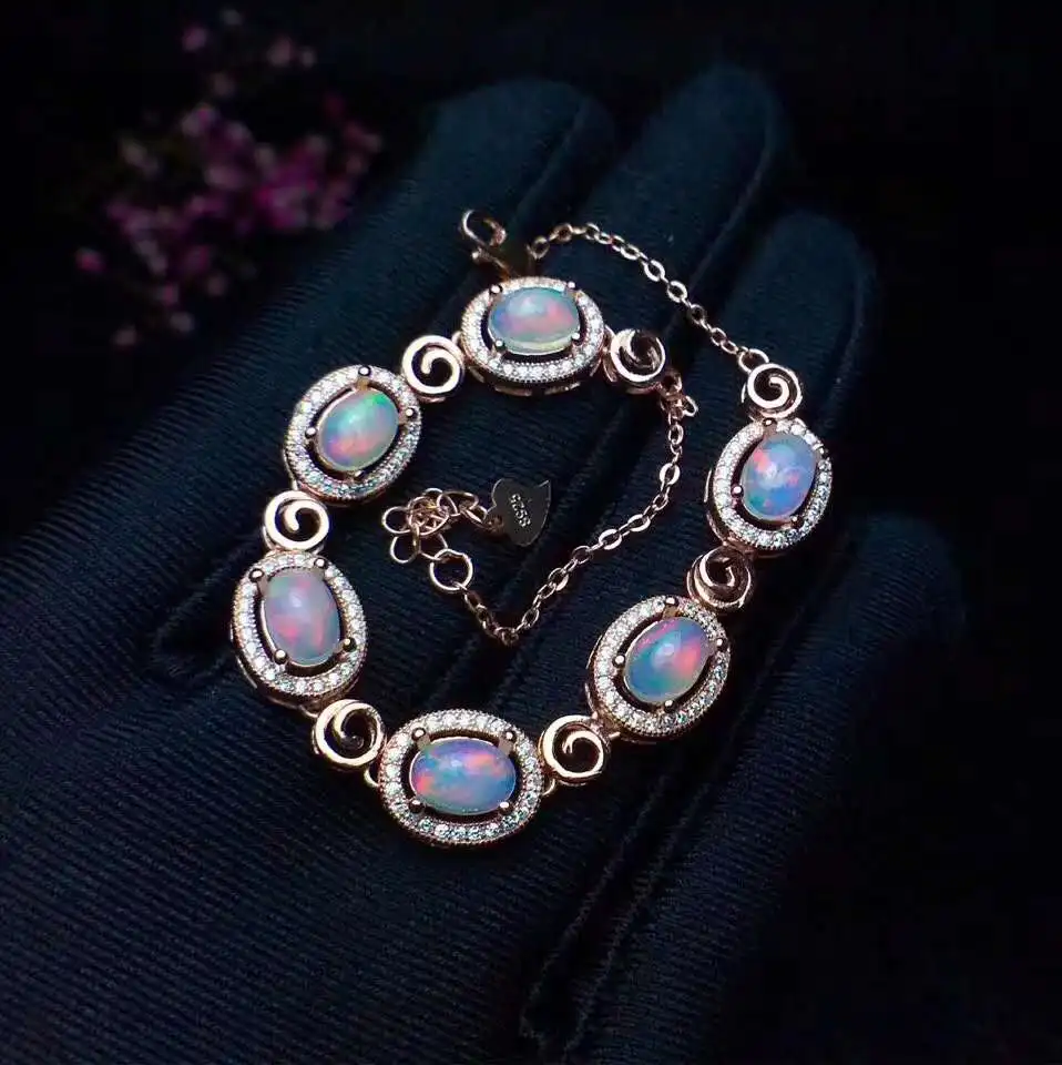 

Natural Real Opal bracelet Solid S925 Sterling Silver For Women Colour Gem Stone Rings Fine Jewelry