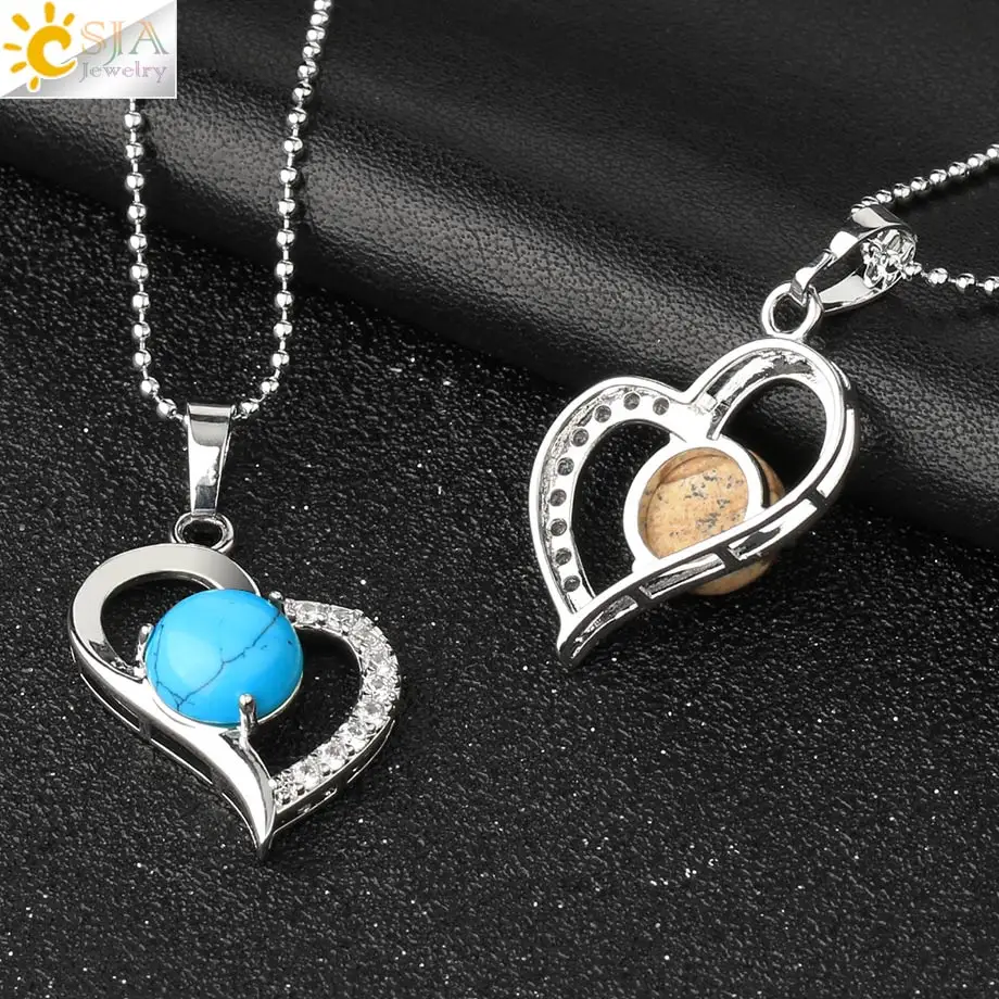 CSJA Natural Stone Heart Pendants Necklaces Cabochon Semi-precious Stones Reiki Healing Crystal Zircon Charm Jewelry Female G499