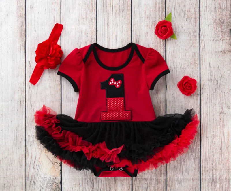 New Style First Birthday Costumes Cute Baby Girls Lace Romper Dress and Flower headband clothing set 1 St Toddler Party Clothes