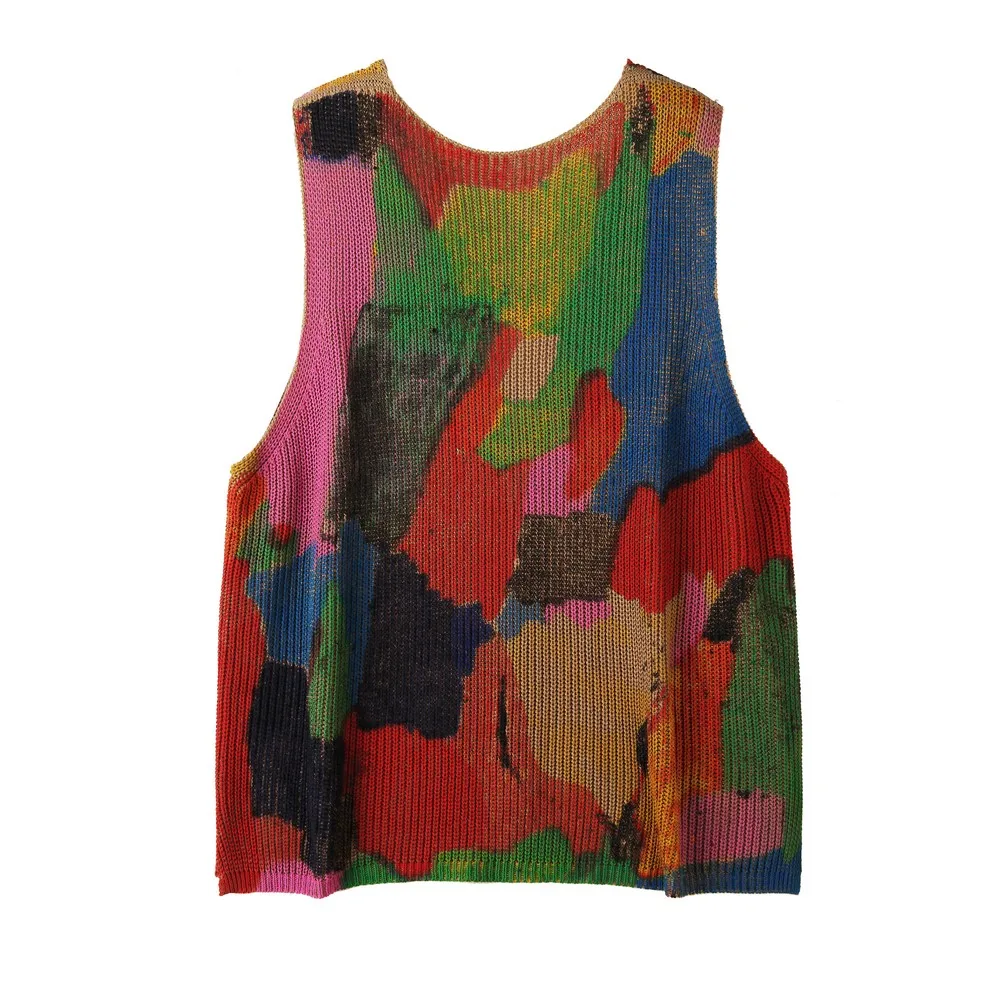 Nice Sleeveless Patchwork Orange Retro Vintage Knitted Oversized Woman Vest Top Sweaters Clothes Streetwear