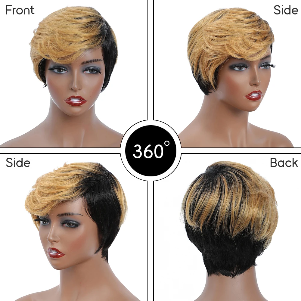 SSH Short Honey Blonde Ombre Color Brazilian Hair Bob Wig With Bangs Pixie Cut Straight Machine Made Human Hair Wigs For Women