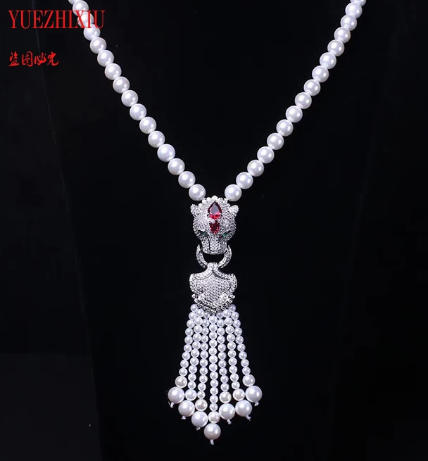 white 8mm shell pearl jewelry sweater chain necklace fashion jewelry Leopard head inlay zircon 6mm tassel sweater chain