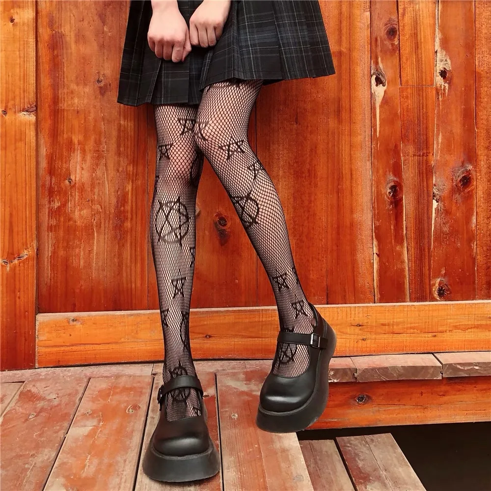 New Magic Pentagram Black And White Fishnet Stockings Hollowed-Out Pantyhose Lolita Sweet Cool Tights Hosiery