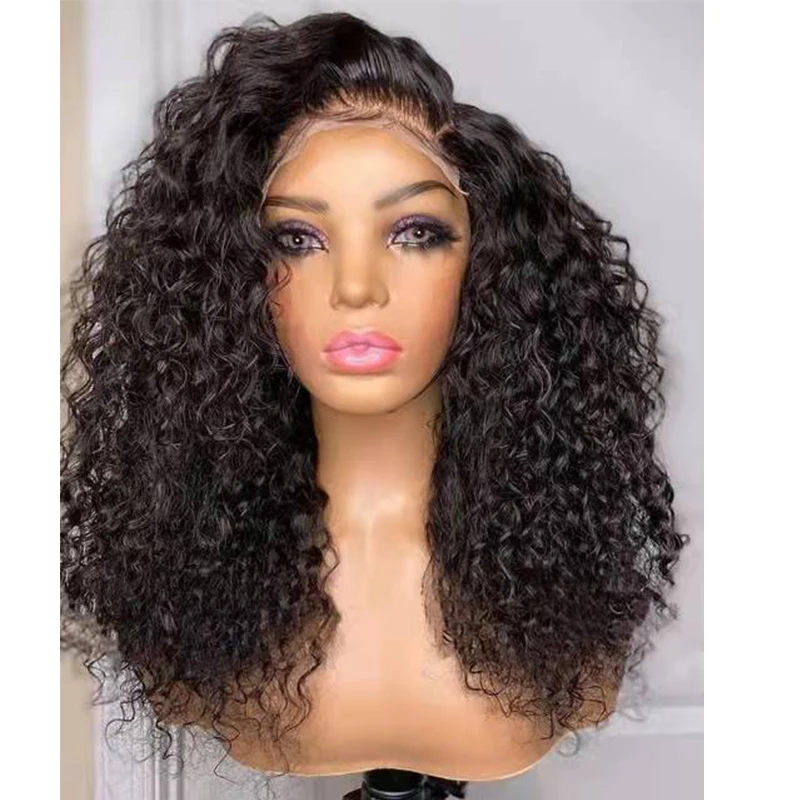 Middle Part Glueless 180 Density 26inch Long Kinky Curly Ntural Black Water Wave Lace Frontal Wig For Black Women Babyhair Daily