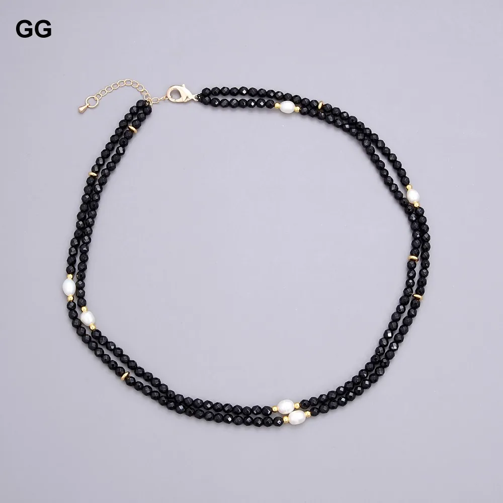 GG 2 Rows Natural Faceted Round Black Onyx Cultured White Rice Pearl Choker Necklace 17\