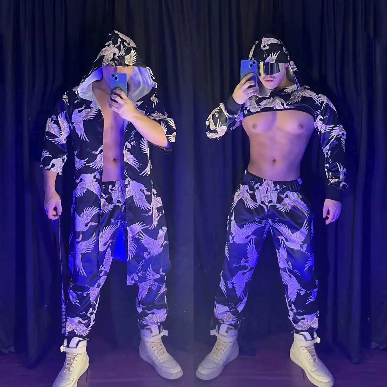 

Sexy Rock Hip Hop Stage Costume Men's DJ Dancer Singer Street Dance Performance Clothes Animal Pattern Hooded Coat Pants Outfits