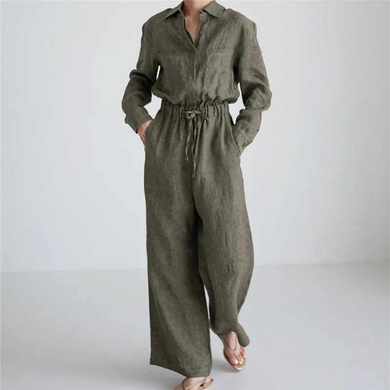 IHOBBY Cotton Linen Wide Leg Jumpsuit Women Summer Lace Up Waist Label Collar Long Sleeve Jumpsuit Linen One Piece Outfits