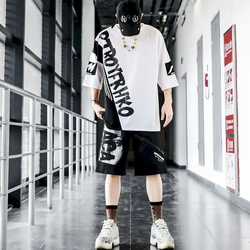 Men\'s Suits Sports Youth Casual Men Clothing Set Loose Oversized T-shirt Sweatpants Brand Korean Trend Hip-hop Two Piece Sets