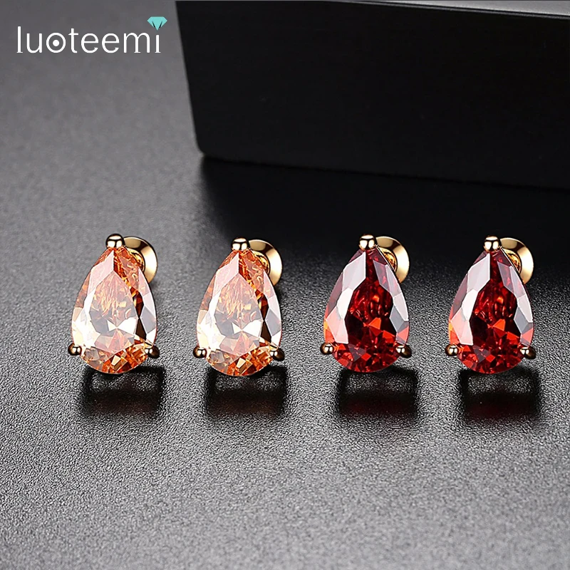 LUOTEEMI Fashion Champagne Gold Color Teardrop CZ Stud Earrings for Women Red Yellow Stone Earrings Wedding Jewelry Gift Brincos