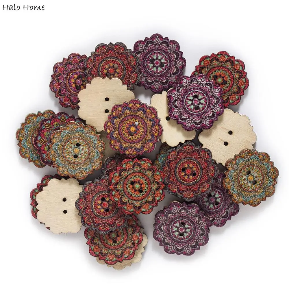 50pcs Big Size Retro Series Flower Wood Buttons for Handwork Sewing Scrapbook Clothing Crafts Accessories Gift Card 25/30mm