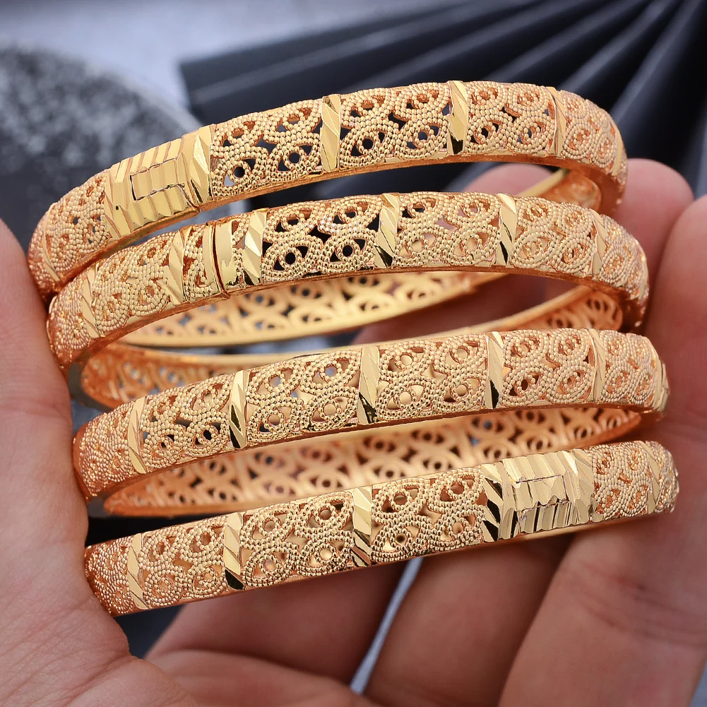 

New 24K 4pcs France Gold Color Dubai Bangles Women Girl Flower Israel Jewelry 6cm wide Wedding Bangles Bracelet gift Can Open