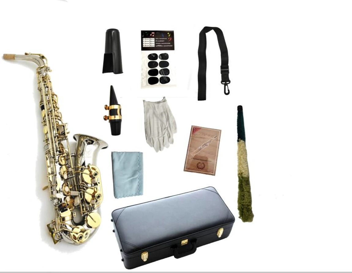 

MARGEWATE Alto Saxophone New Brass Silver Plated Body Gold Lacquer Key Eb Tune E Flat Pearl Button Sax With Mouthpiece Case