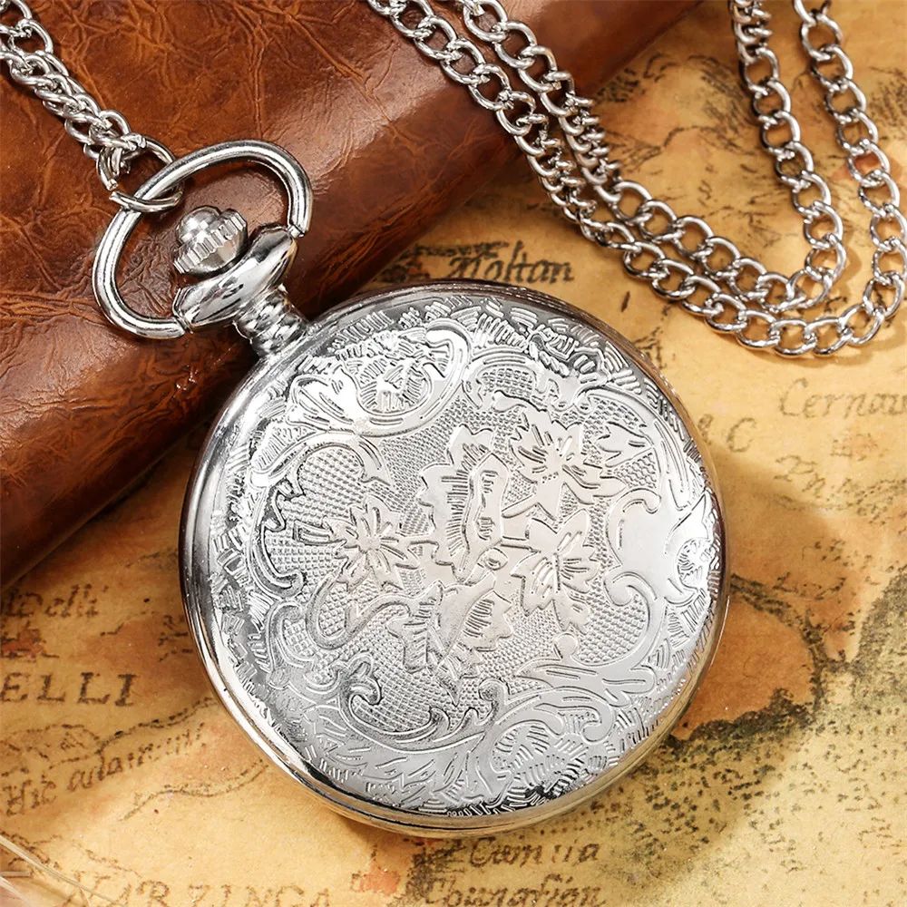 Silver Rope Stripe Pattern Quartz Pocket Watch Vintage Fashion Chain Pendant Clock Arabic Numerals White Dial Antique Timepiece