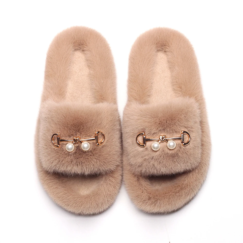 Slippers For Home Pearl Buckle Furry Slides Elegant Ladies Platform Fur Sandals Flip Flops Open Toe Indoor Slippers Warm Shoes