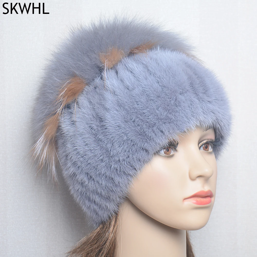 High Quality Mink Fur Hat For Women Natural Mink Fur Hat With Luxury Big Pompom Fox Fur Ball Beanies Winter Women\'s Cap Lady Hat