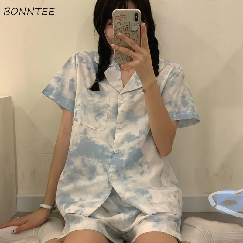 

Pajama Sets Korean Summer Short Sleeve Harajuku Ins Chic College Girls Homewear Loose Daily Casual Sweet Simple Femme Sleepwear