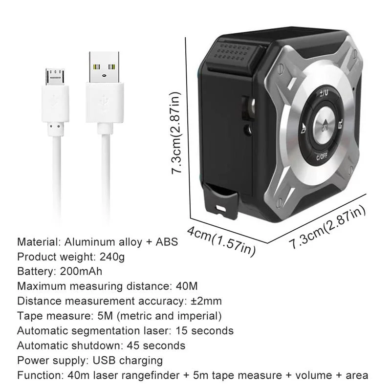 40m赤外線レーザー巻尺デジタル距離計USB充電式LCDディスプレイメートル法レーザー巻尺ポータブル測定ツール