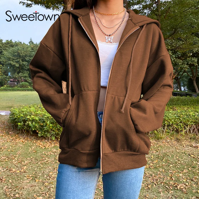 Sweetown Brown New Aesthetic Hoodies Women Vintage Zip Up Sweatshirt Winter Jacket Clothes Pockets Long Sleeve Hooded Pullovers