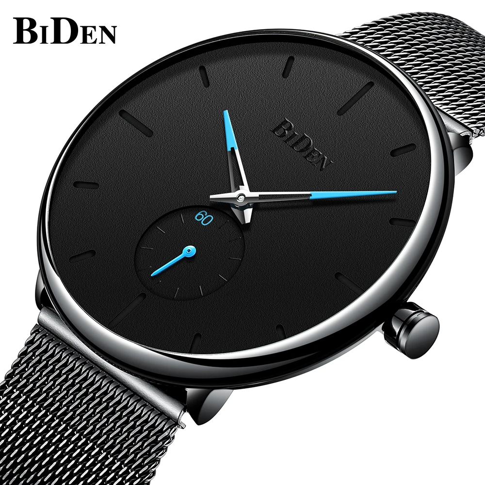 

BIDEN Fashion Mens Watches Black Quartz Watch Waterproof Stainless Steel Casual Slim Mesh Band Watches Top Brand Luxury Clock