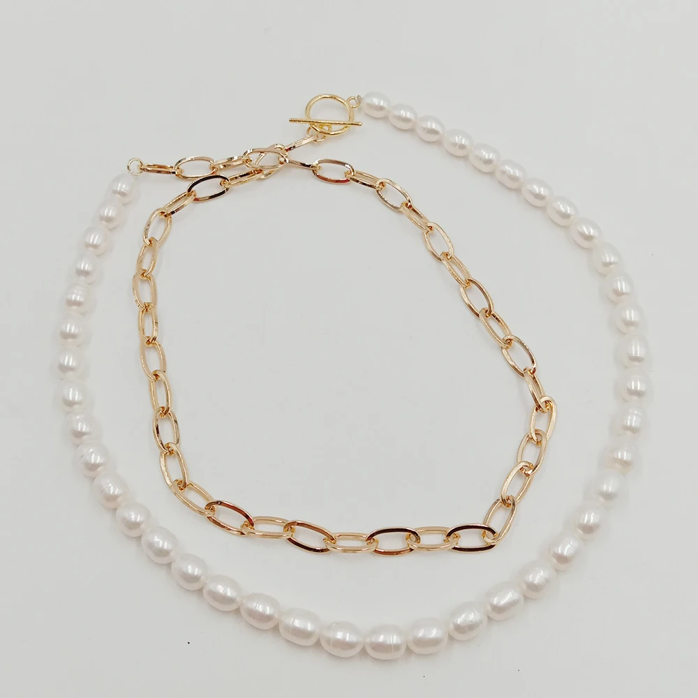 80 cm ,100% NATURE FRESHWATER PEARL LONG  NECKLACE-stainless steel chain with 18 k gold plating , rice shape freshwater pearl