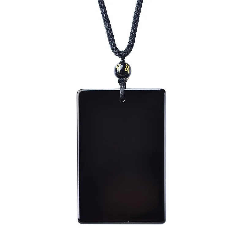 Natural Black Obsidian Stone Rectangle Pendants Lucky Amulet Sweater Chain Necklace For Women Men Energy Crystal Jewelry