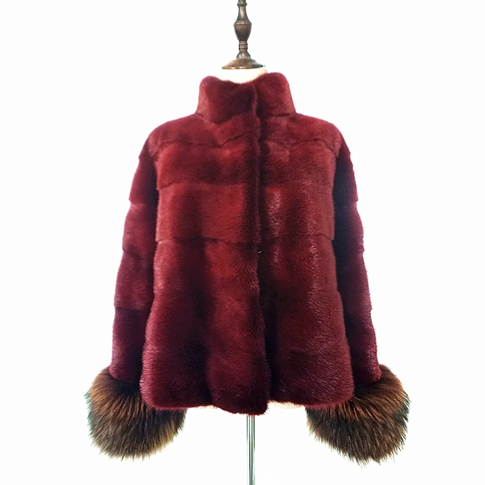 TOPFUR Fashion Wine Red Coat Women Short Jacket Real Fur Coat With Fur Collar Natural Mink Fur Full Sleeves With Fox Fur